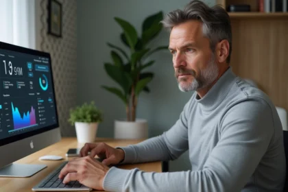 Homme utilisant un tableau de bord domotique sur ordinateur portable dans un bureau à domicile moderne