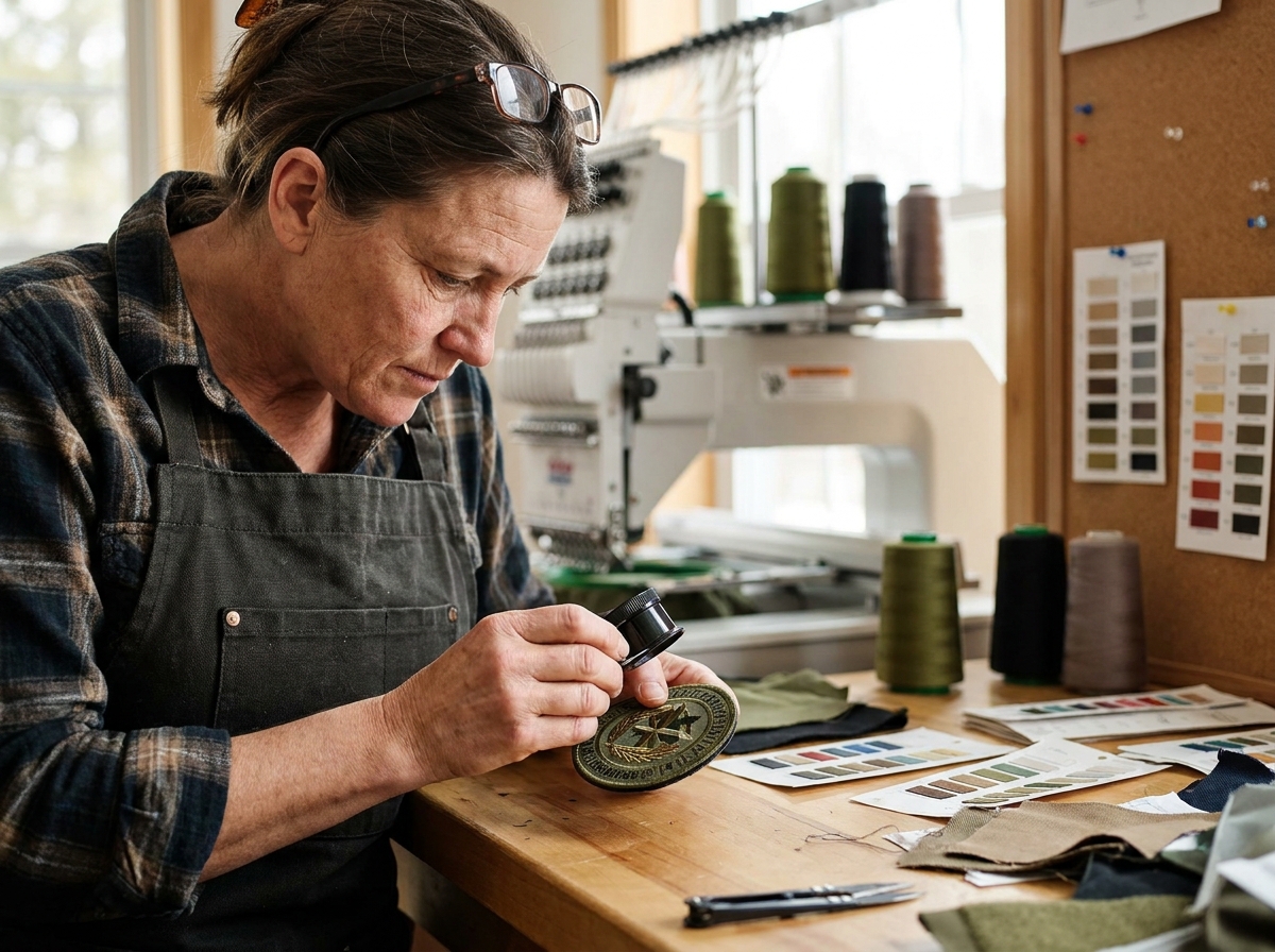 Artisane spécialisée contrôlant la qualité d'un écusson militaire personnalisé brodé dans un atelier professionnel