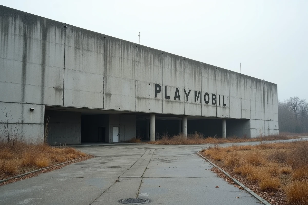 Façade extérieure de l'ancienne usine Playmobil à Zirndorf en Allemagne avec enseigne effacée et végétation envahissante