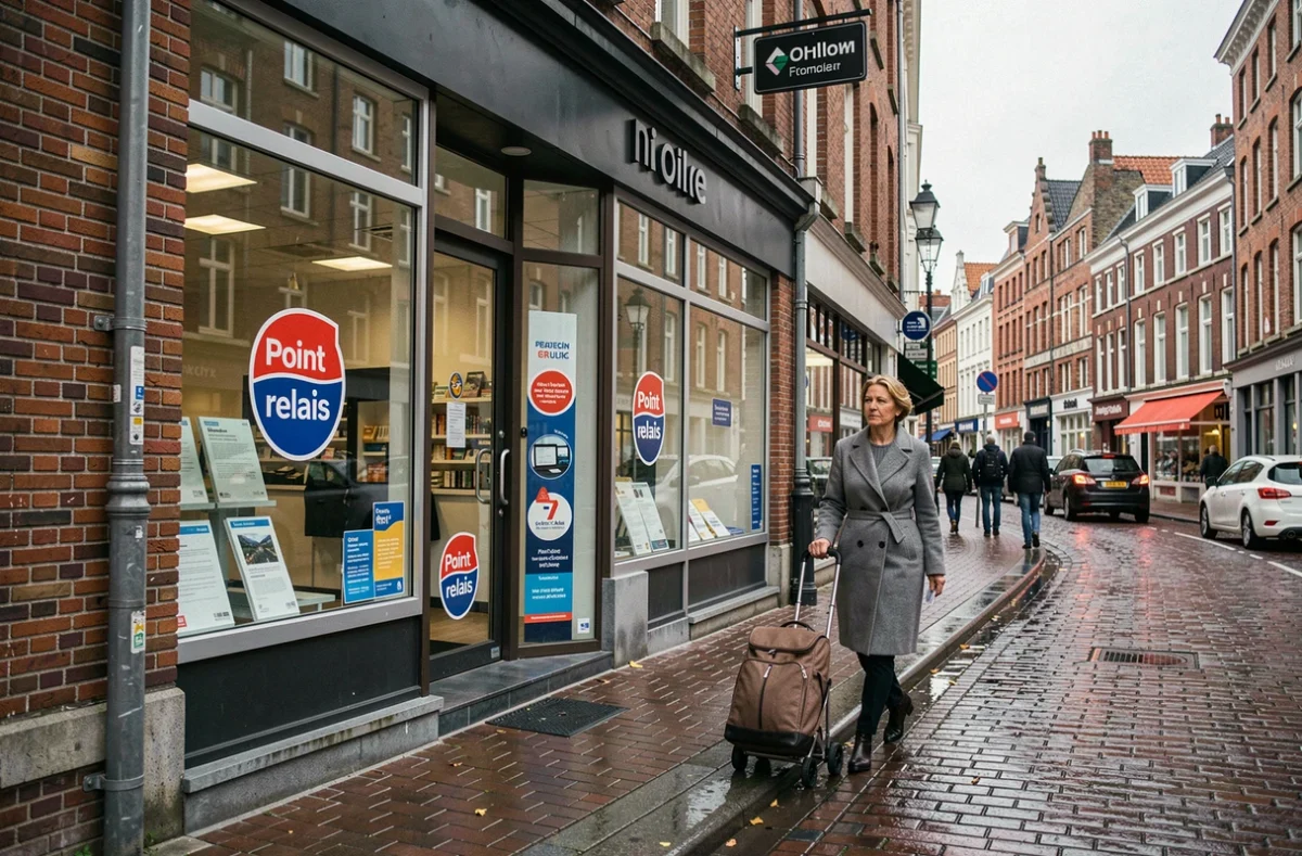 Façade d'une boutique PHONE com à Lille affichant le logo point relais, cliente s'apprêtant à récupérer un colis