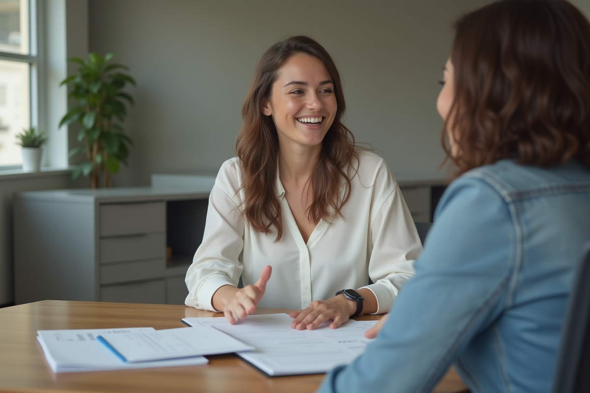 Jeune femme souriante discutant avec un conseiller au bureau municipal