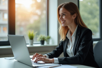 Femme d'affaires confiante utilisant un ordinateur portable dans son bureau