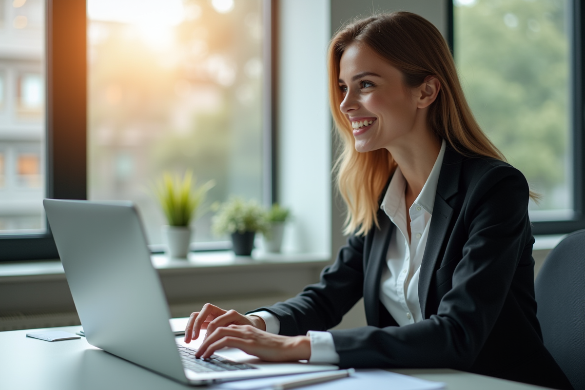 Femme d'affaires confiante utilisant un ordinateur portable dans son bureau