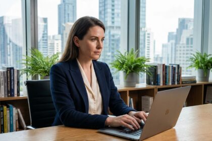 Femme d'affaires concentrée travaillant sur son ordinateur dans un bureau moderne