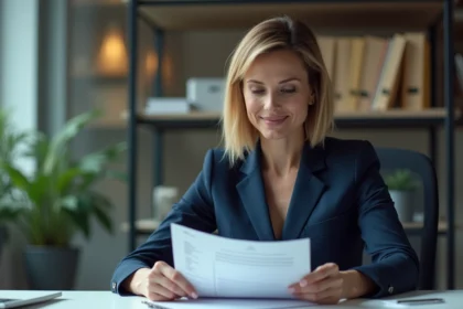 Femme d affaires en costume bleu examine des documents de douane