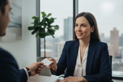 Femme d'affaires souriante échange une carte dans un bureau moderne