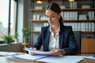 Femme d'affaires en bureau moderne analysant des documents