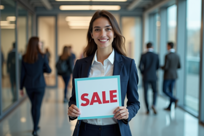 Jeune femme professionnelle tenant une affiche de ventes dans un bureau dynamique