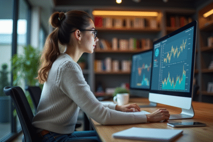 Jeune femme analysant des données sur un ordinateur dans un bureau