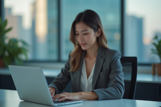 Jeune femme analysant des données sur son ordinateur en bureau