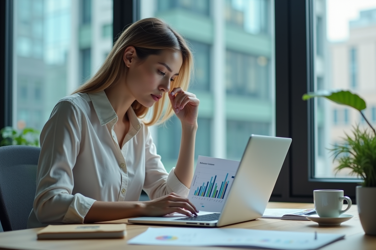 Femme en tenue professionnelle analysant des graphiques marketing