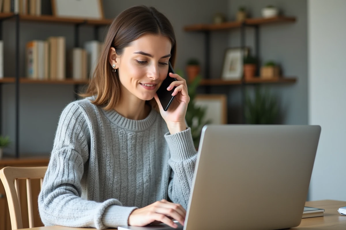 Femme au téléphone préparant un appel au service client Backmarket devant son ordinateur portable