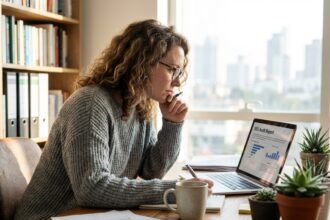 Femme en home office examinant un rapport SEO