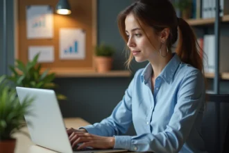 Femme concentrée sur son ordinateur dans un bureau moderne