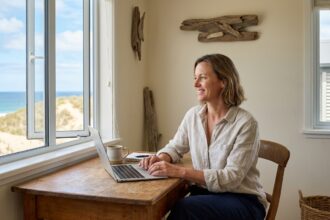 Femme souriante au bureau face à la mer