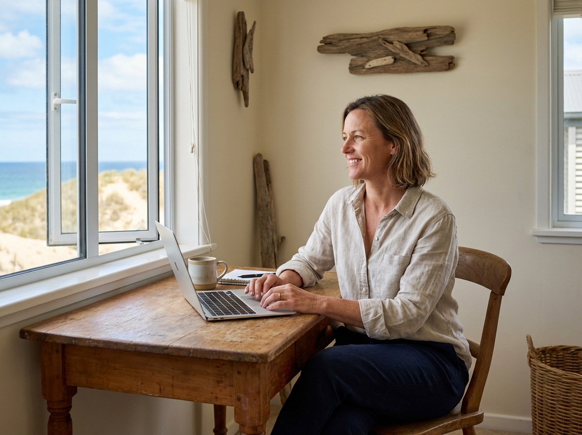 Femme souriante au bureau face à la mer