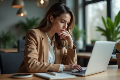 Femme en coworking professionnel avec ordinateur et plantes