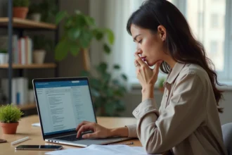 Femme en bureau digital avec ordinateur portable et ambiance calme