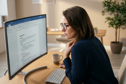 Femme professionnelle révisant un document Word bien structuré sur un grand écran dans un bureau moderne