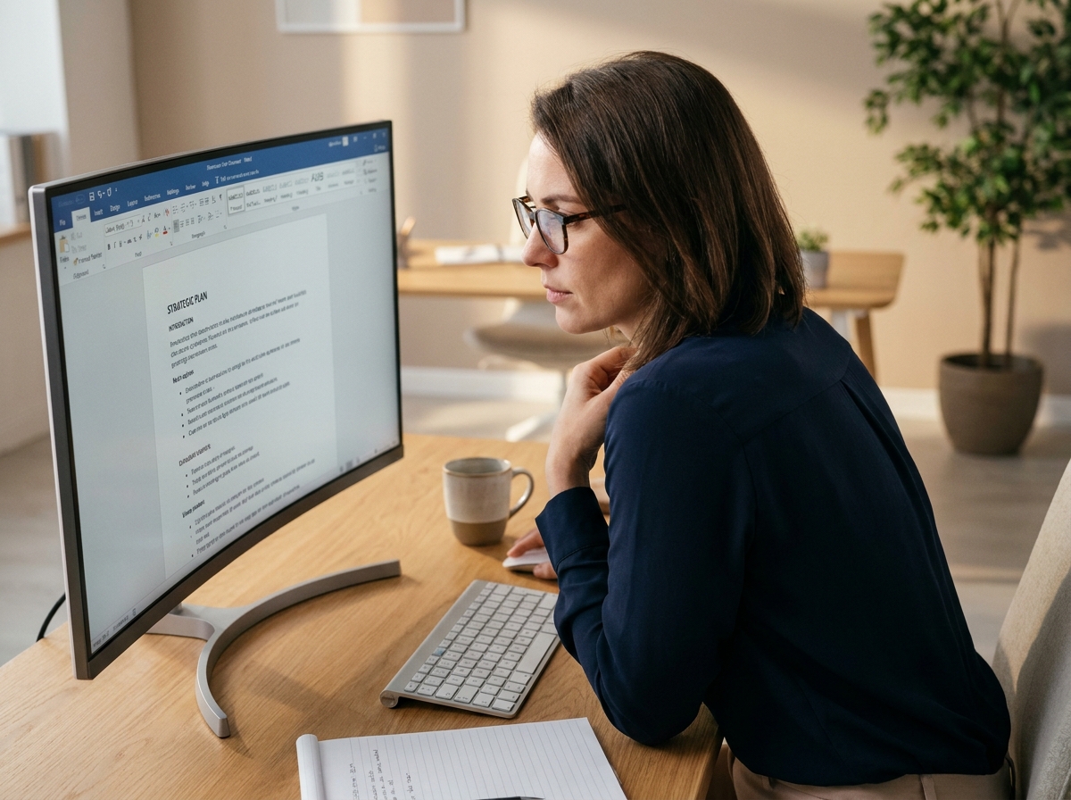 Femme professionnelle révisant un document Word bien structuré sur un grand écran dans un bureau moderne