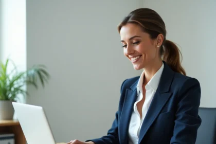 Femme professionnelle utilisant un logiciel de gestion documentaire numérique sur un ordinateur portable dans un bureau moderne, illustrant la transition vers le zéro papier avec My Arkevia