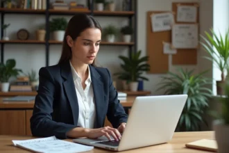 Femme concentrée travaillant sur son ordinateur dans un bureau moderne