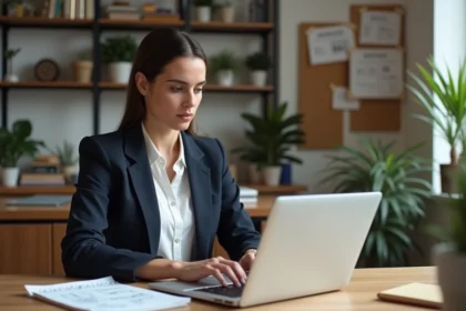 Femme concentrée travaillant sur son ordinateur dans un bureau moderne