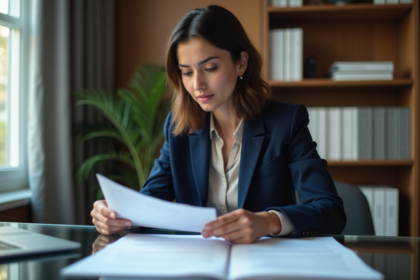 Femme française en bureau moderne avec documents