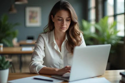Femme concentrée travaillant sur un ordinateur dans un bureau moderne