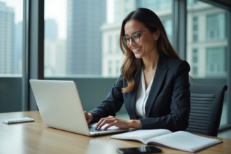 Femme en costume au bureau travaillant sur un ordinateur