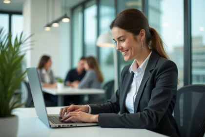 Femme professionnelle au bureau regardant son agenda en ligne