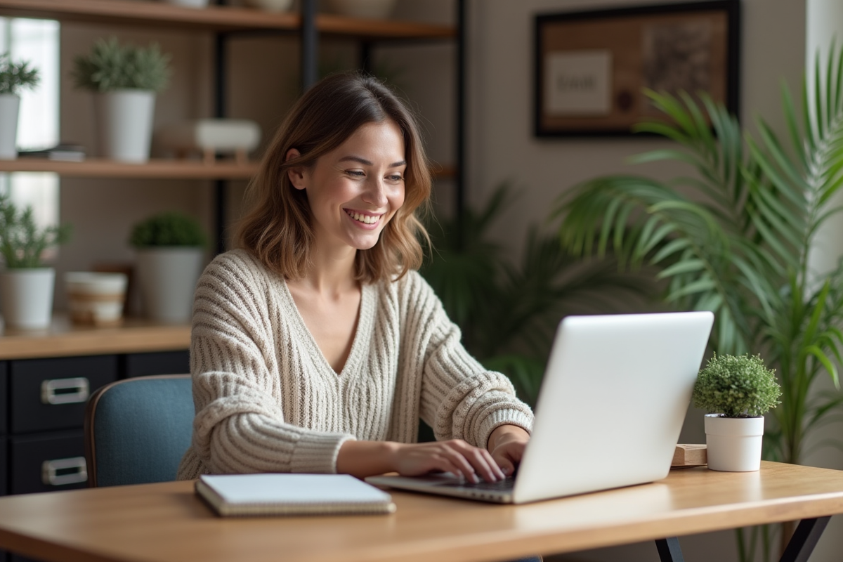 Jeune femme souriante dans un bureau cosy avec ordinateur