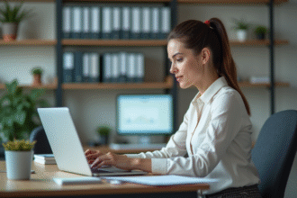 Femme professionnelle en bureau moderne en train d'organiser des documents