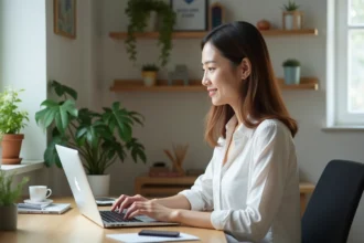Jeune femme au bureau utilisant son ordinateur pour PIXID