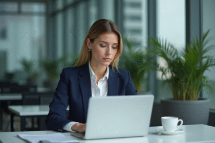 Femme en bureau moderne travaillant sur un ordinateur portable