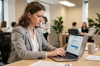 Femme au bureau face à un écran affichant une page de réinitialisation de mot de passe MyArkevia