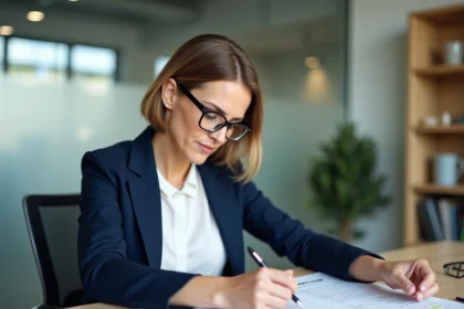 Femme cadre en bureau consultant un calendrier annoté pour vérifier les jours travaillés en 2026