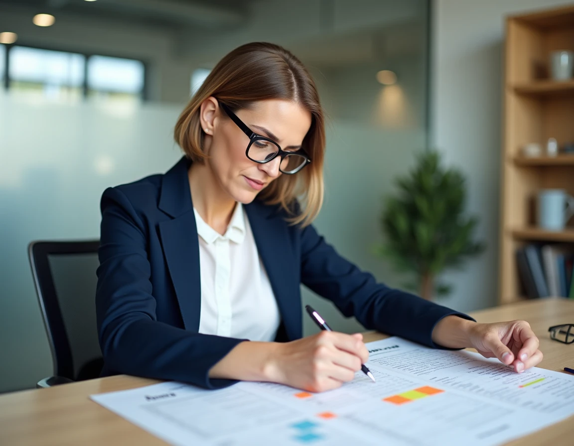 Femme cadre en bureau consultant un calendrier annoté pour vérifier les jours travaillés en 2026