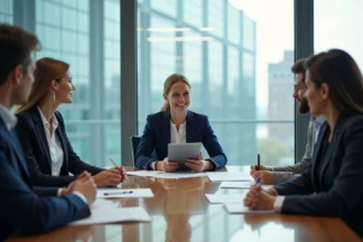 Femme confiante en costume présente stratégie en réunion