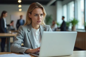 Femme cadre consultant son compte MyPeopleDoc sur un ordinateur portable dans un bureau d'entreprise moderne lors d'un changement d'employeur