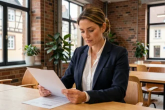 Femme consultant un contrat de portage salarial dans un espace de coworking à Strasbourg