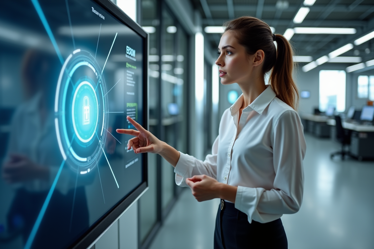 Femme professionnelle expliquant sur un grand écran digital