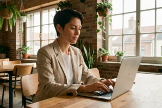 Femme travaillant sur son ordinateur portable dans un espace de coworking à La Rochelle avec des murs en brique et des plantes suspendues