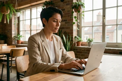 Femme travaillant sur son ordinateur portable dans un espace de coworking à La Rochelle avec des murs en brique et des plantes suspendues