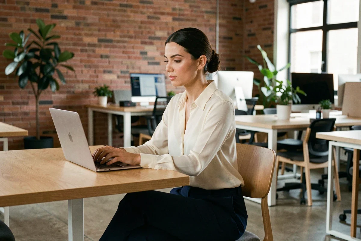 Femme travaillant dans un espace de coworking moderne à Metz avec bureau en bois et murs en briques apparentes