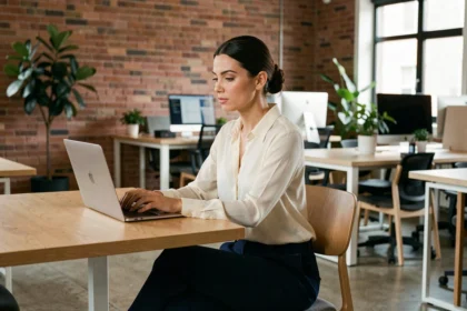 Femme travaillant dans un espace de coworking moderne à Metz avec bureau en bois et murs en briques apparentes
