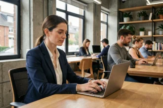 Femme professionnelle travaillant dans un espace de coworking moderne à Montigny-le-Bretonneux avec bureaux en bois et grandes fenêtres industrielles
