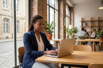 Femme professionnelle travaillant dans un espace de coworking moderne à Nancy avec murs en briques apparentes et grandes fenêtres industrielles