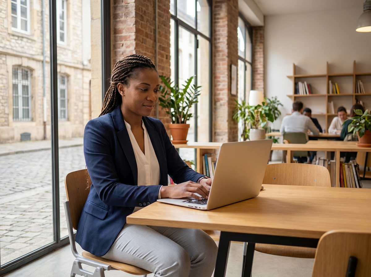 Femme professionnelle travaillant dans un espace de coworking moderne à Nancy avec murs en briques apparentes et grandes fenêtres industrielles