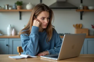 Femme assise à la cuisine avec ordinateur portable